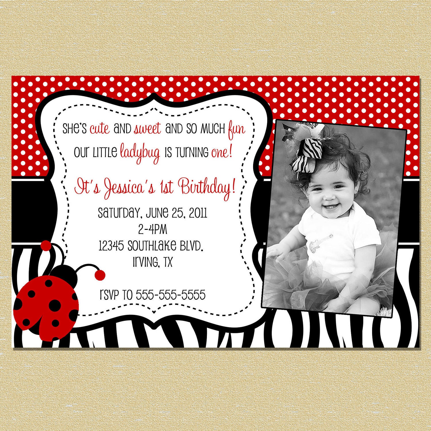 Ladybug Zebra Birthday Invitation - All Ages