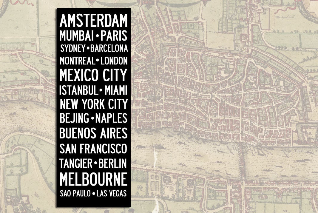 CITIES of the WORLD  Bus Scroll - Custom hand painted and distressed on high quality artist canvas, ready to hang 22" x 59"