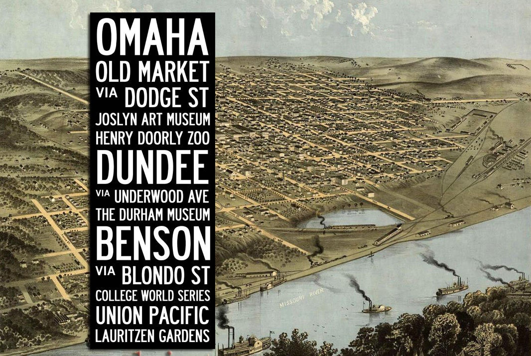 OMAHA BUS SCROLL - Subway Art, Tram Scroll, Destination Roll - Hand painted and distressed on artist canvas, ready to hang 22" x 59"