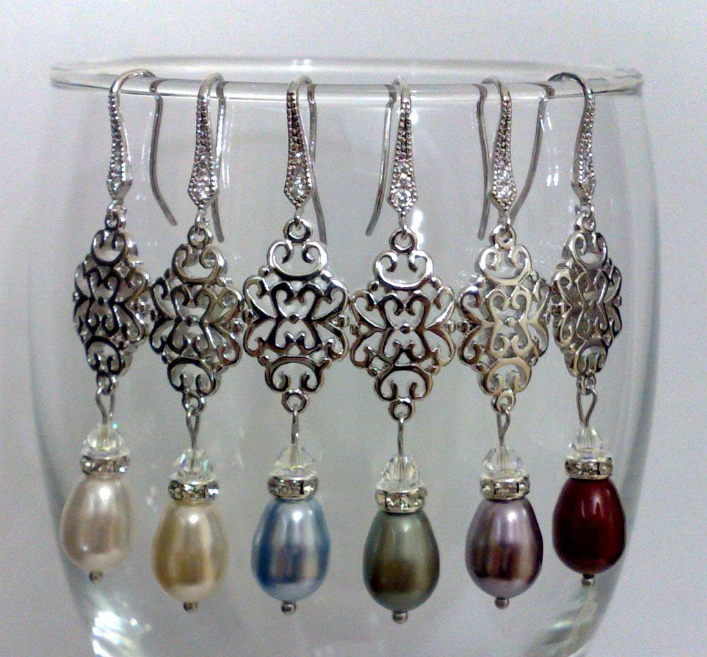 Swarovski Crystal Pearl Bridal Earrings, Custom Color Filigree Lace Wedding Party Bridesmaids Jewelry, MAYA (1 Pair)