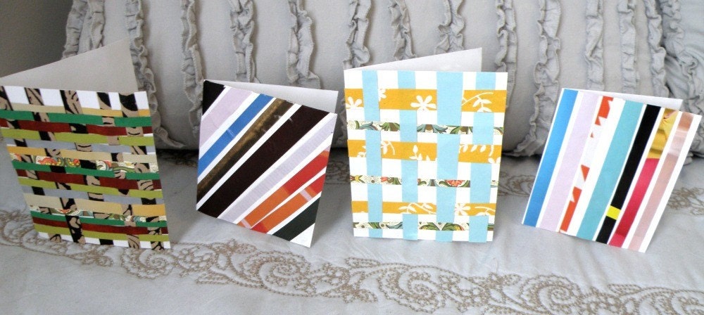 set of 4 bright, plaid, striped recycled paper cards FREE SHIPPING