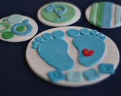 Fondant Baby Feet Cake Topper and Coordinating Polka Dot, Stripe and Monogram Toppers for Decorating a Baby Shower Cake and Cupcakes