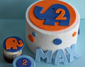 Fondant Elephant, Polka Dot and Birthday Kid's Name Cake Decorations Plus Elephant and Age Cupcake Toppers