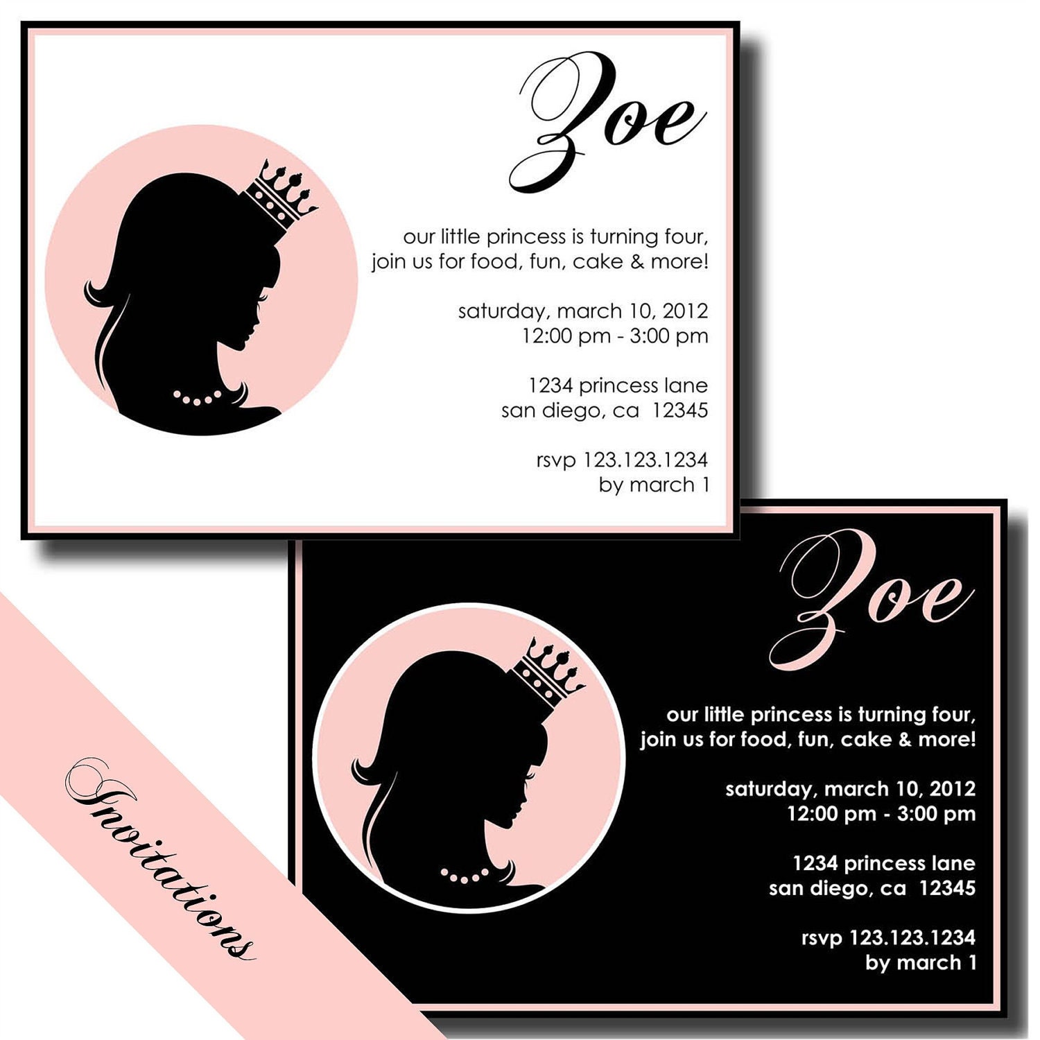 PRINCESS BIRTHDAY Party - Printable INVITATIONS and Party Supplies - Pink Black Striped Crown