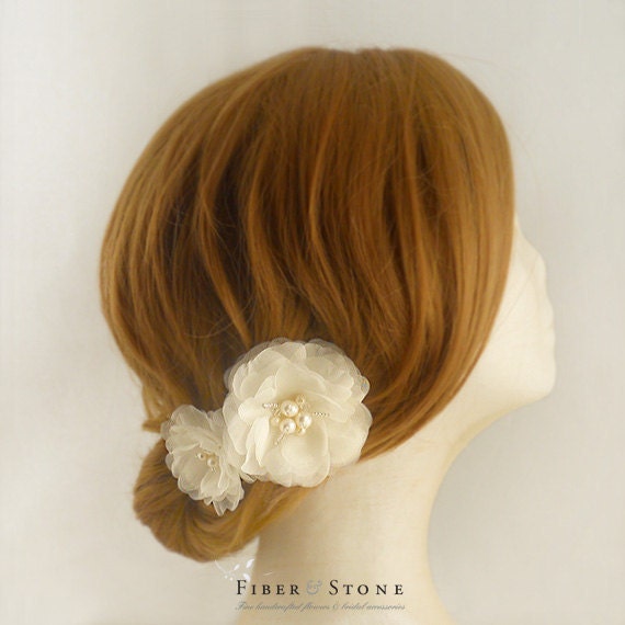 Ivory Bridal Hair Flowers, Bridal Headpiece, Silk Wedding Headpiece, Bridal Hair Accessories, Freshwater Pearls Swarovski Crystals
