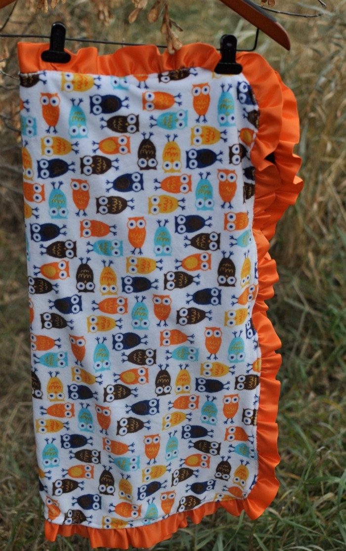 Owl Minky Blanket with Orange Satin Ruffle