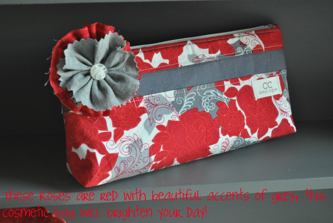 Cosmetic Makeup Bag-Red Rose and Grey Floral