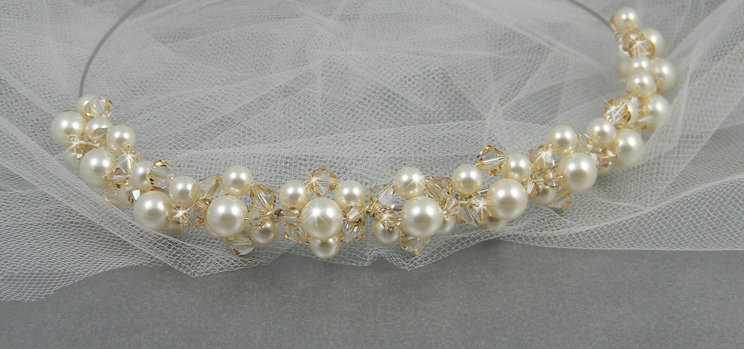 Bridal Tiara Headband Crystal Golden Shadow, Swarovski Austrian Crystal, Cream/Ivory Swarovski Pearls, Wedding, Headpiece