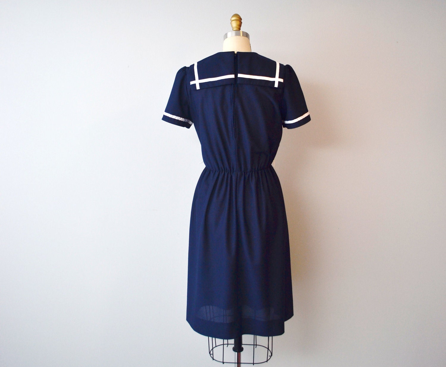 Vintage Semi sheer Nautical DRESS size aprox S/M by Toni, navy blue
