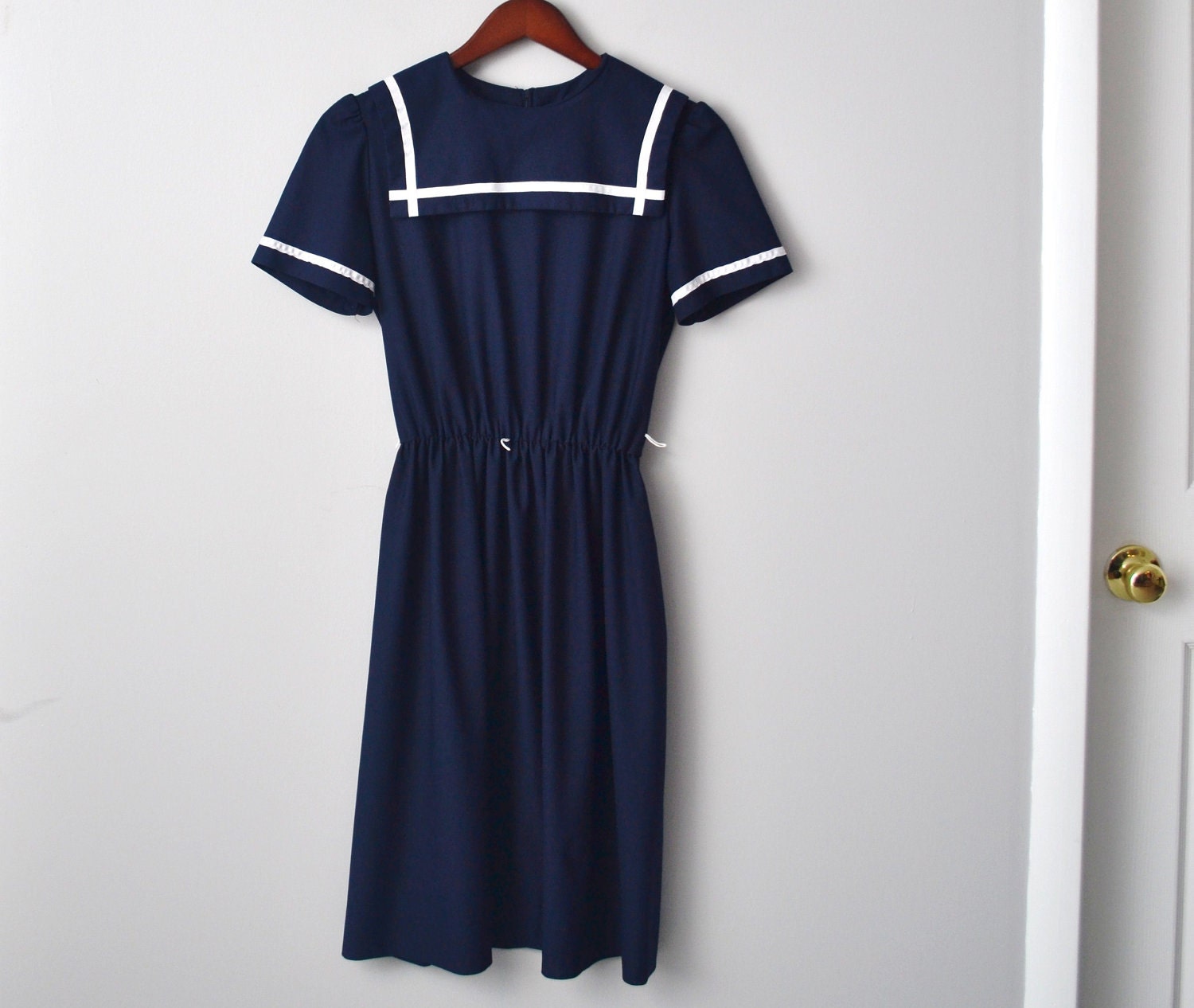 Vintage Semi sheer Nautical DRESS size aprox S/M by Toni, navy blue