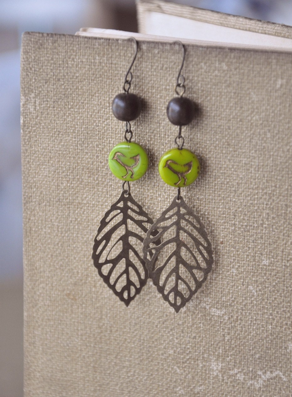 green bird and leaf earrings.