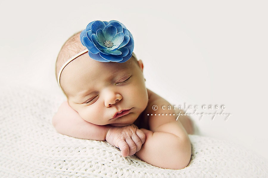 Headband.Newborn Baby Headbands..Antique Blue Flower Skinny Headband-Baby girl headband..Photography Prop..Baby Headband/