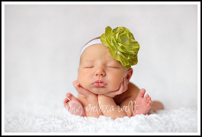 Couture Spring Headband-Baby Headband..Baby Flower Headband..Newborn Headband.Green Flower Headband..Baby Girl Headband..Vintage Glamour.