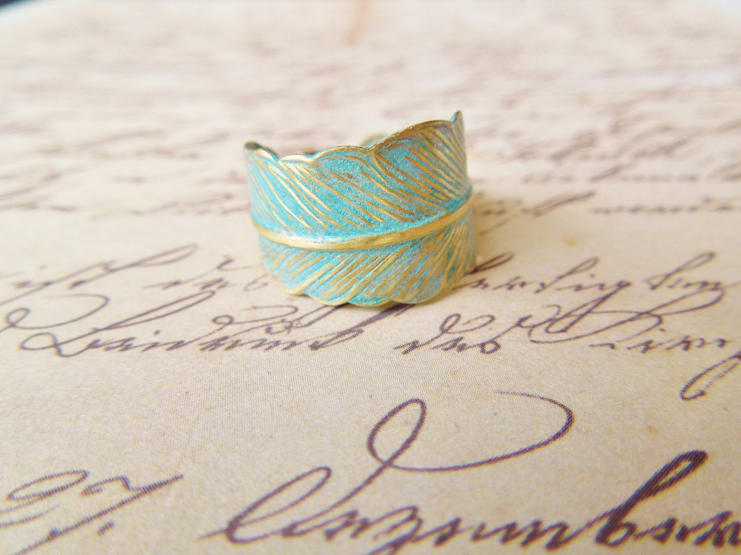 Verdigris Feather Ring - Hand Forged Brass Feather Ring - Shabby Chic, Adjustable
