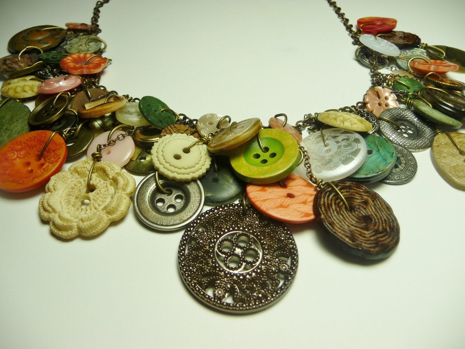 Bountiful Buttons - Vintage Button Necklace,Statement,AWARD WINNING,Green/Coral/Pearl/Ivory Buttons on Brass Chain,Repurposed