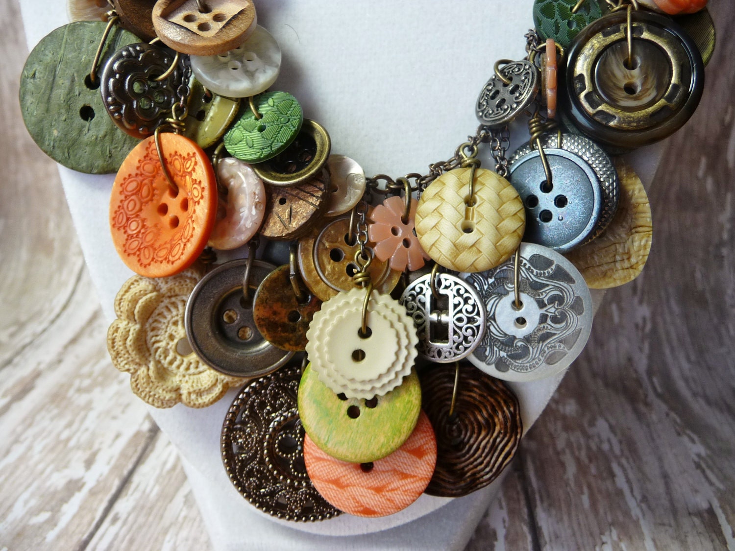 Bountiful Buttons - Vintage Button Necklace,Statement,AWARD WINNING,Green/Coral/Pearl/Ivory Buttons on Brass Chain,Repurposed