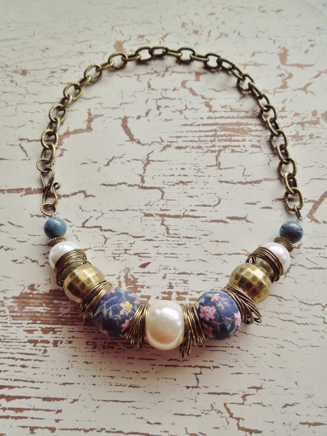 Denim Days - Fabric Covered Beads, Blue Coral, Brass and Glass Pearl Necklace, Boho, Urban, Repurposed Vintage Brass Chain
