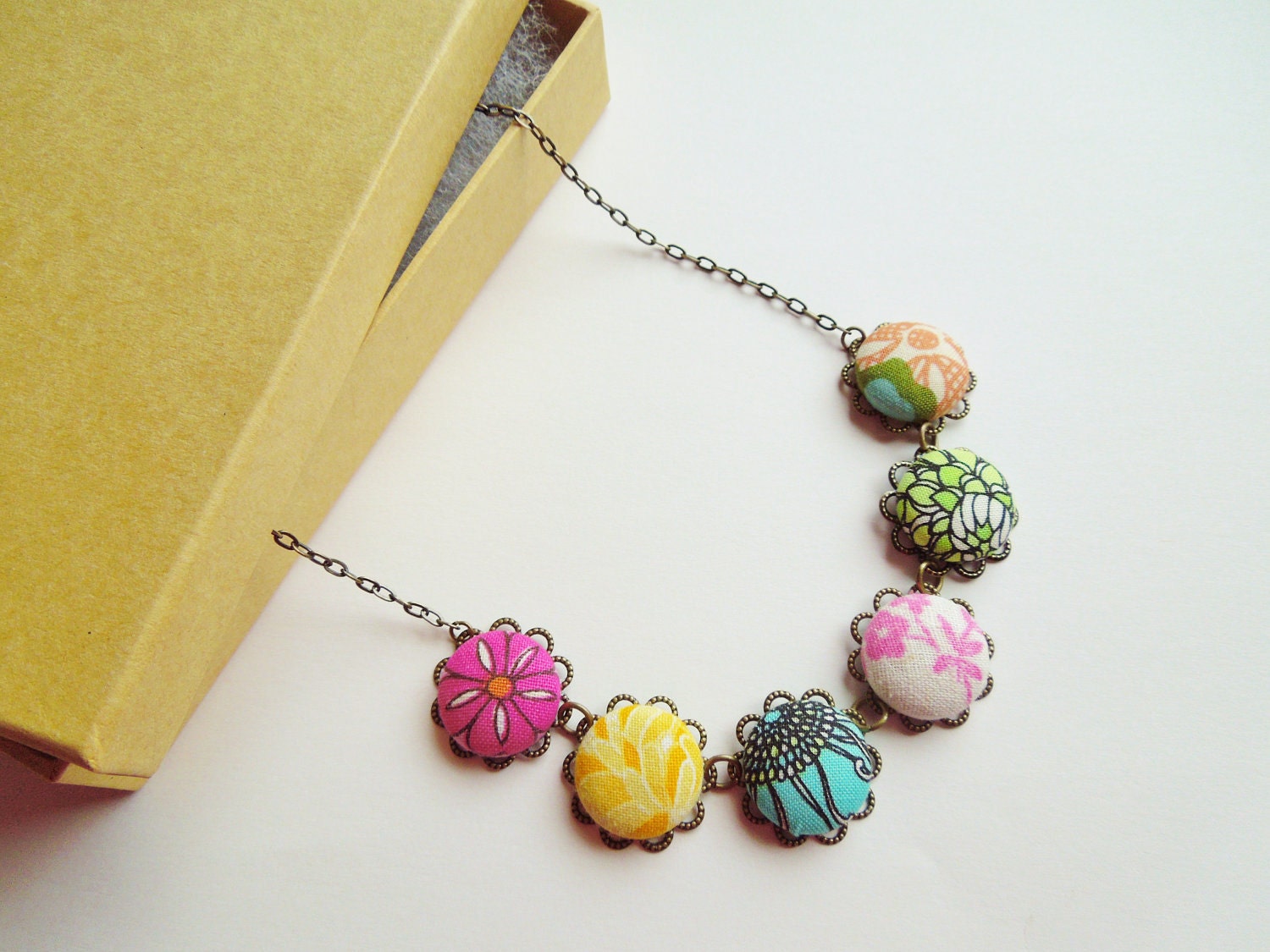 NEW - Hippie Chic Necklace - Bright Fabric Button Necklace