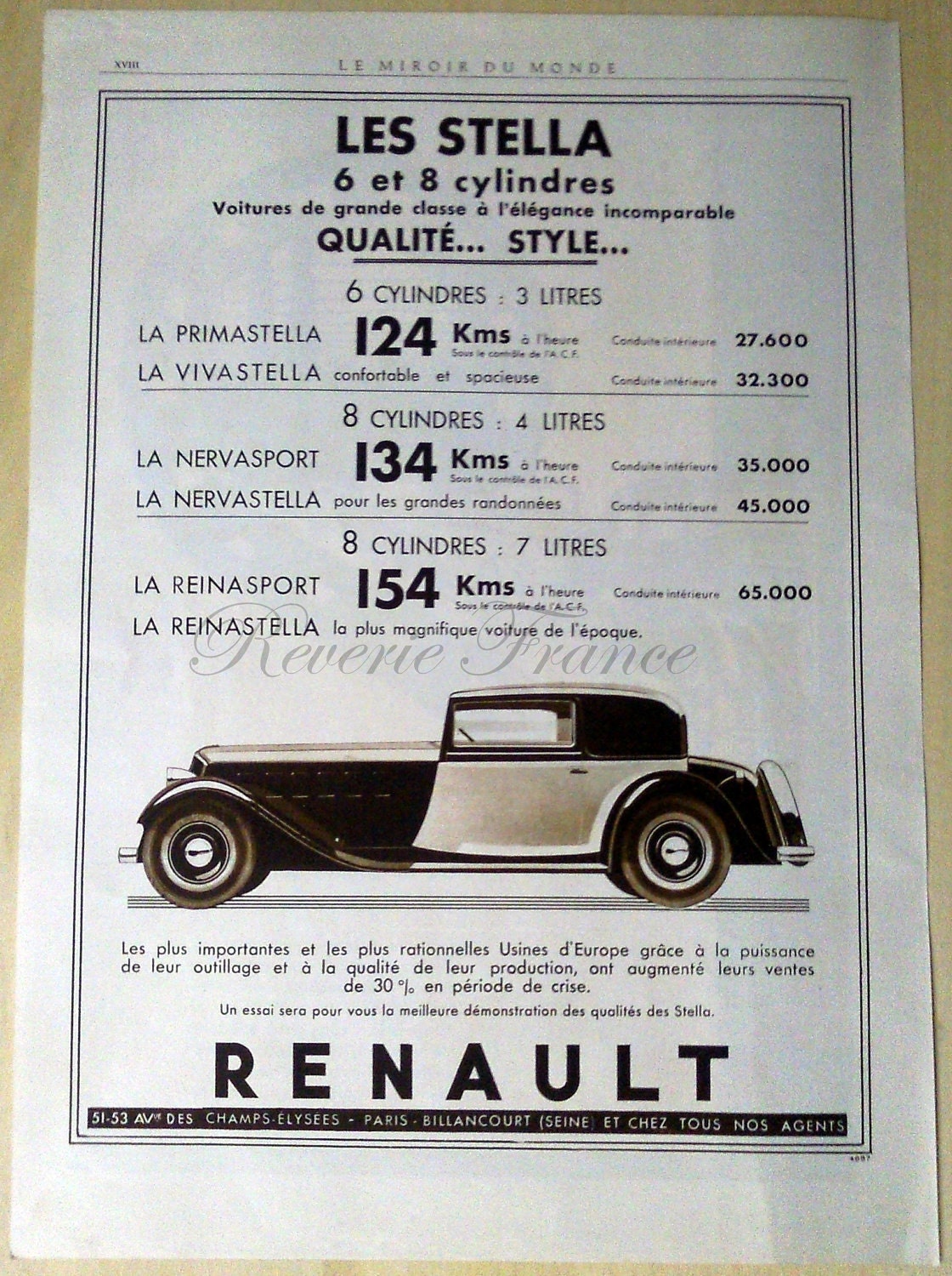 Vintage French Ad - Renault Stella Automobile 1933