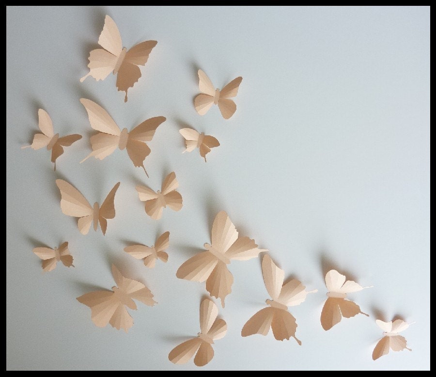 3D Wall Butterflies - 15 Light Peach Butterfly Silhouettes, Nursery, Home Decor, Wedding