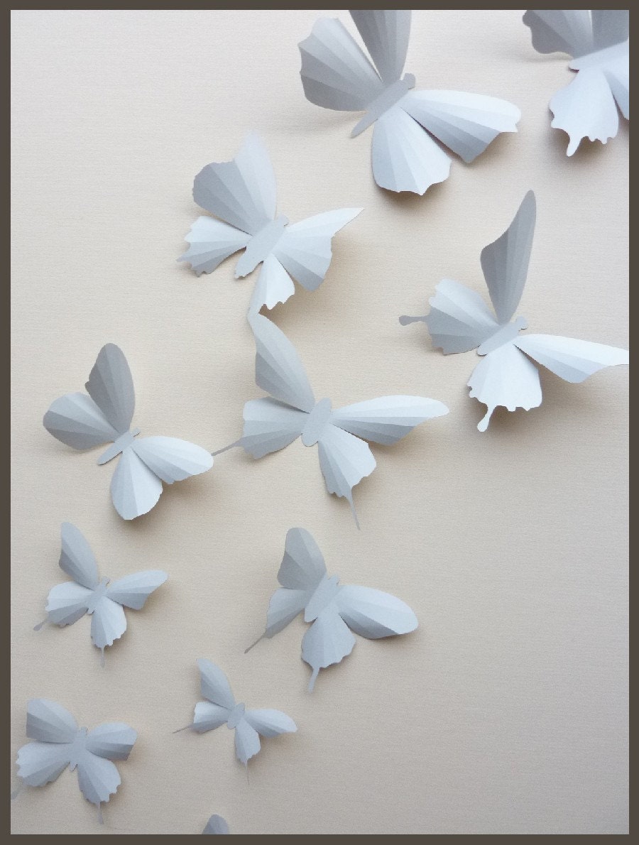 3D Wall Butterflies - 15 Light Gray Butterfly Silhouettes, Nursery, Home Decor, Wedding