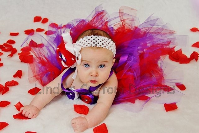 Sweetheart Infant 0-24 Months Red & Purple Fabric Rose Tulle Gown perfect for Valentine's Day, Photos, or Pageants, Baby's 1st