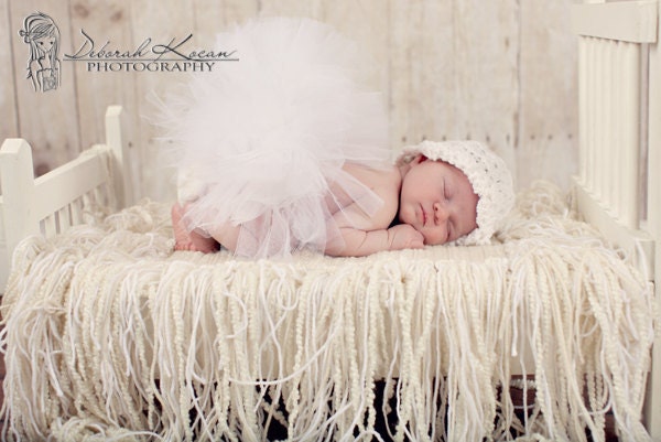Newborn Baby 0-3 Months Baby's 1st Photos Set Ivory and White Crochet Fringe Photo prop Blanket, Hand crochet baby hat, & White Tulle Tutu