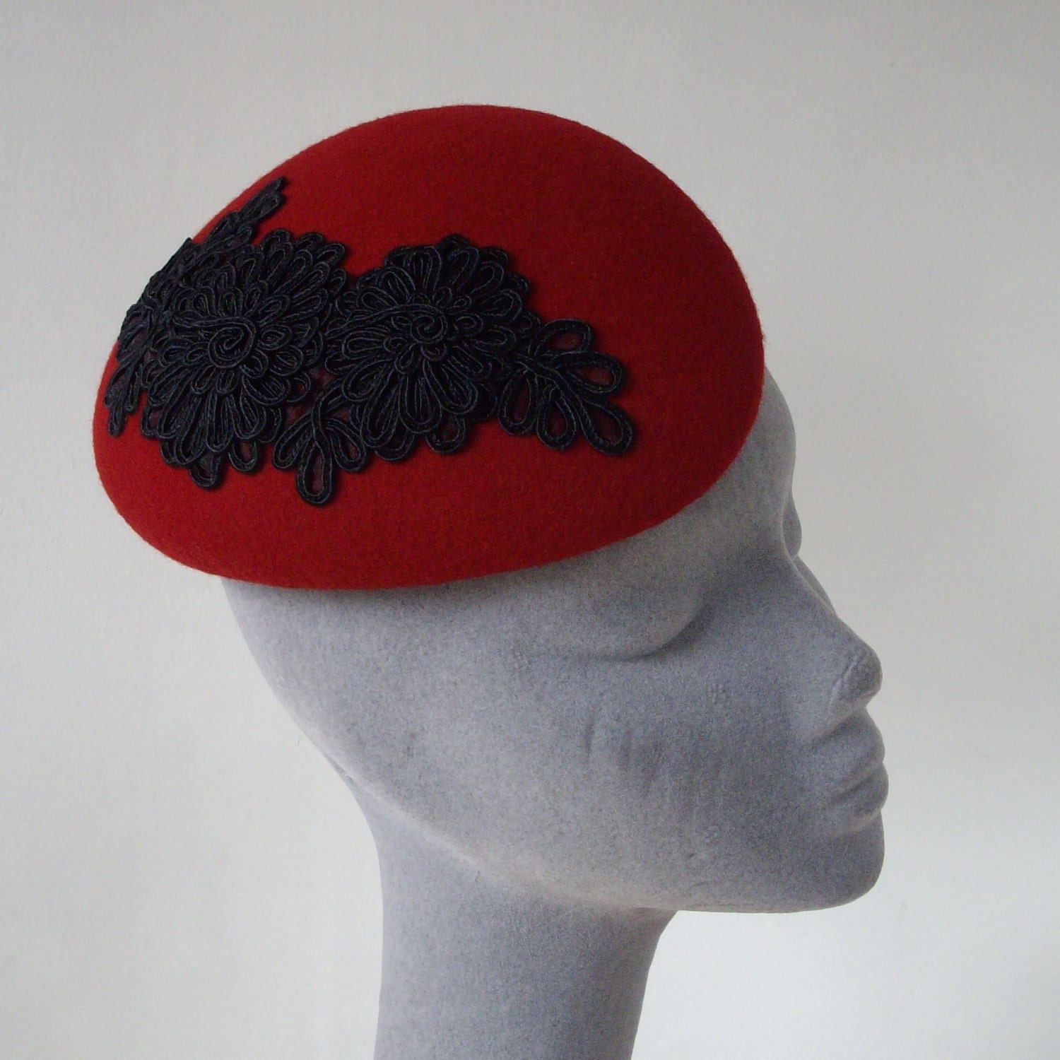 Red Felt Hat- Beret Hat with Black Flower Motif