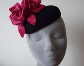 Black Felt Hat- Beret Hat with Fuschia Pink Velvet Roses