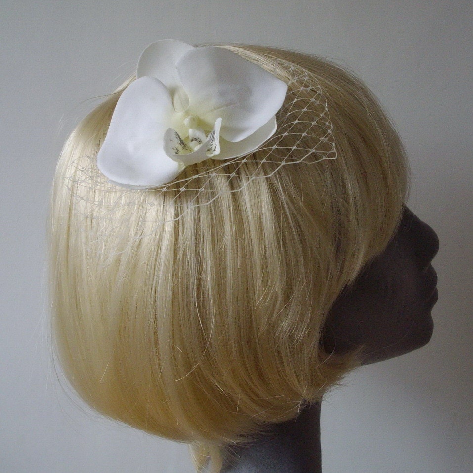 Ivory Orchid Flower Hair Comb with Veiling