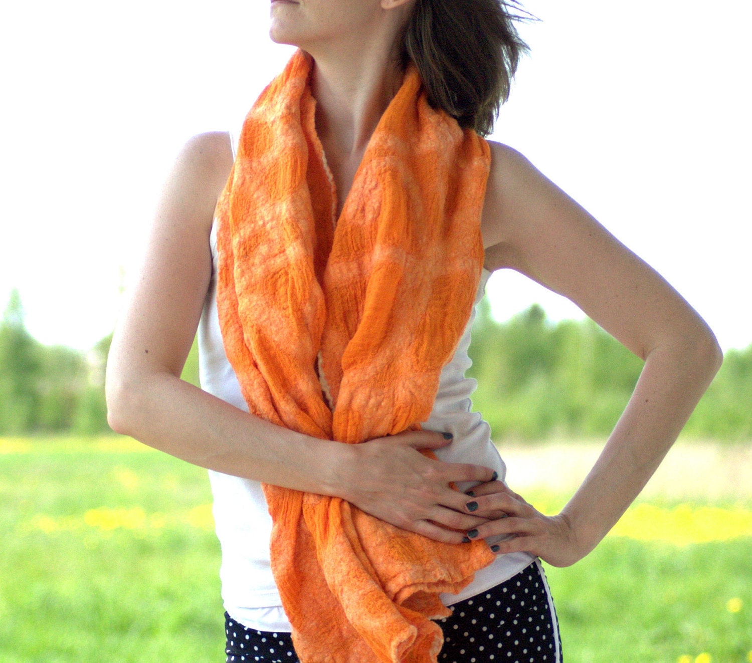Summer shawl nuno felted merino wool and hand dyed orange cotton gauze