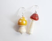 Mushrooms Earrings - Lampwork Glass beads  Mustard and light Brown