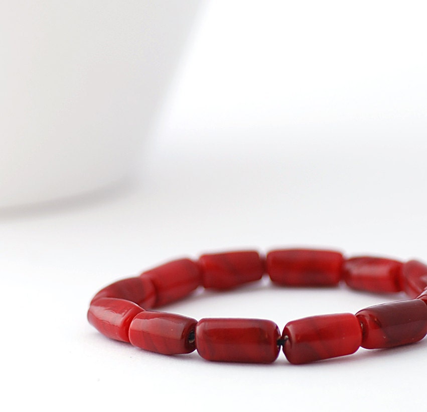 Mens Bracelet - Red Murano Lampwork Glass Beads -