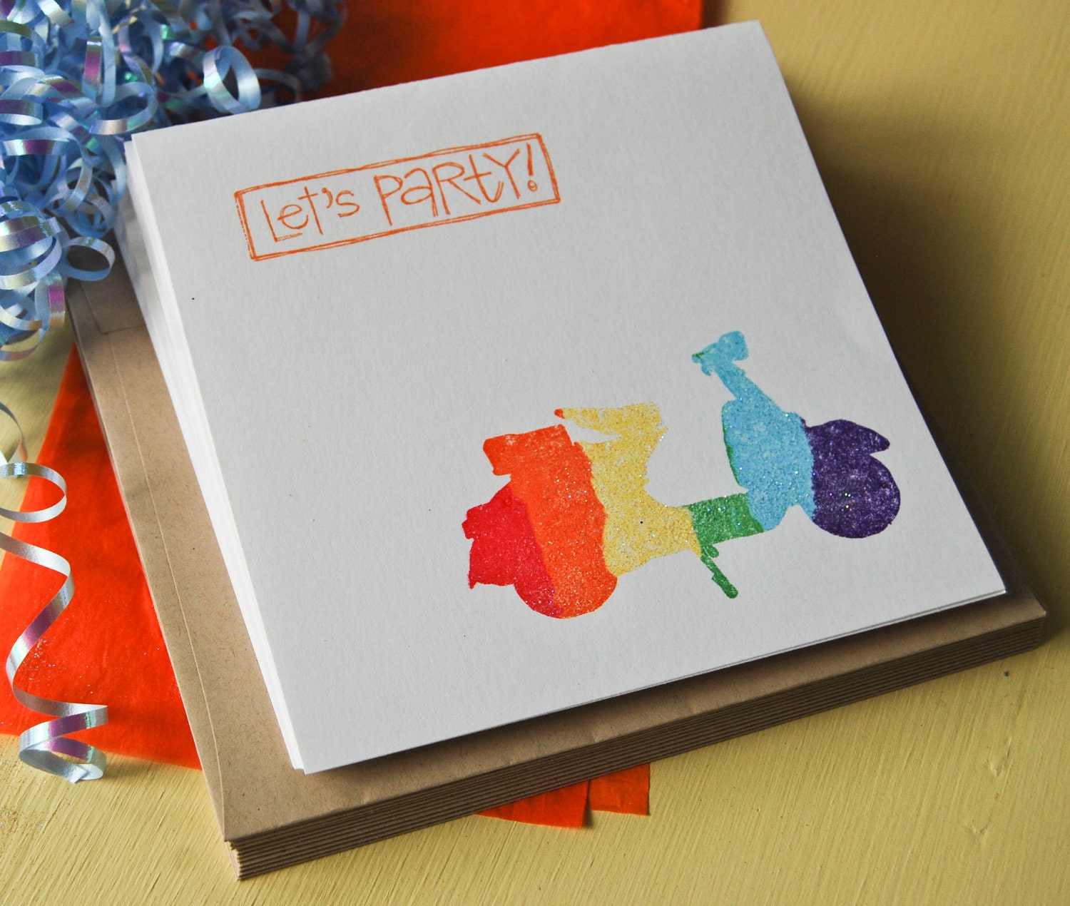 SALE Rainbow Vespa Party Invitation - Gocco Printed, Set of 12