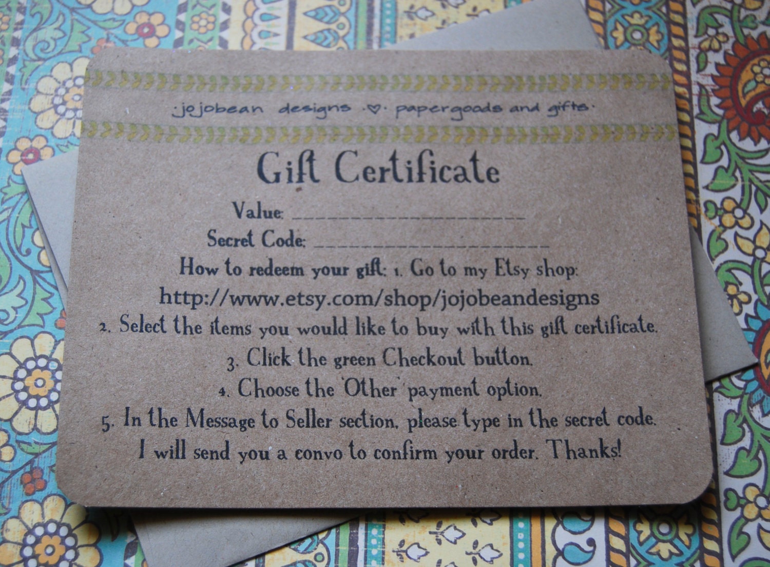 Gift Certificate to Jojobean Designs Shop, BIrthday, Christmas Gift Idea, 25 Dollars