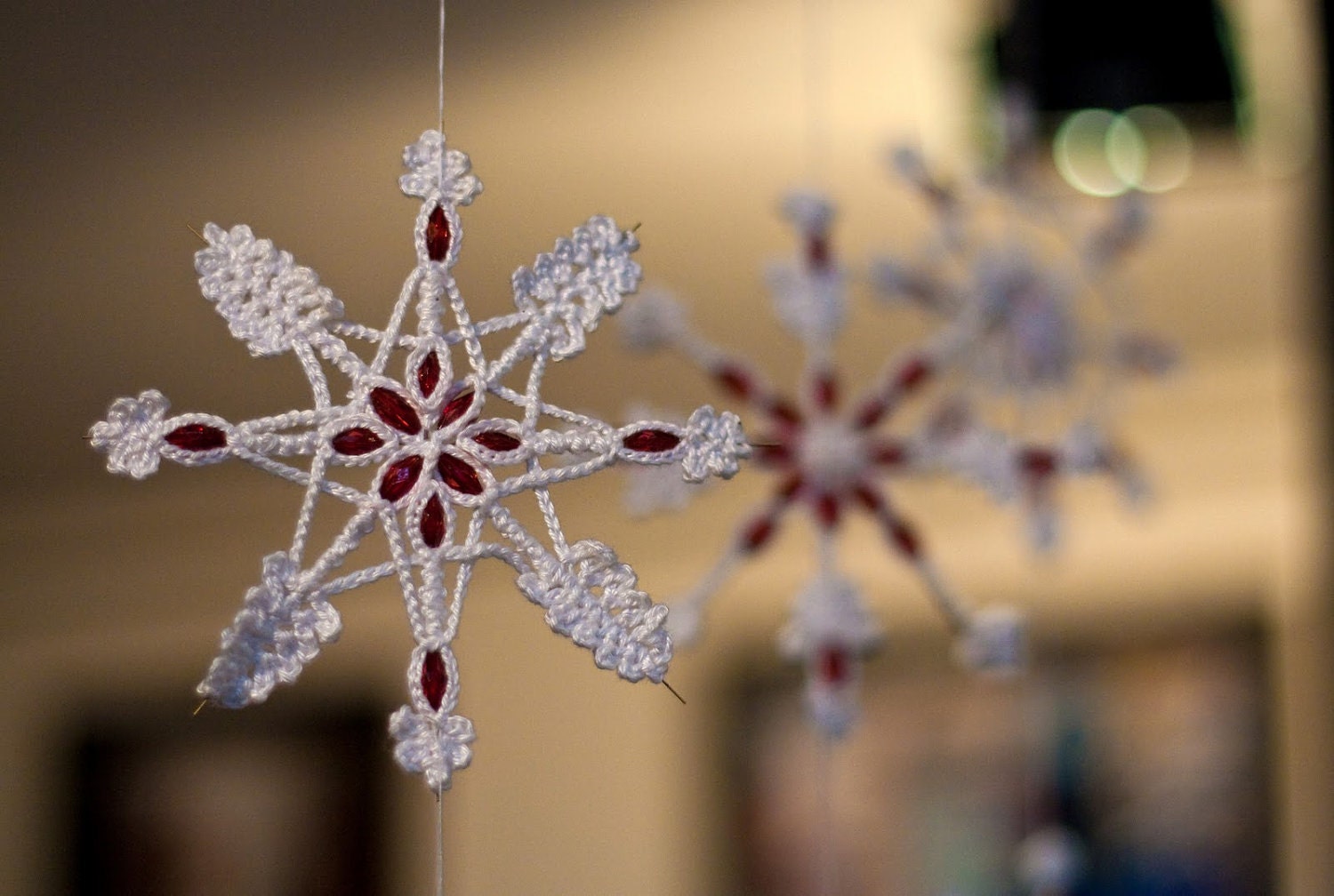 Crochet Christmas Snowflake Red Crystal Beads Wire Star Cotton Yarn Home Decoration Office Decor Gift designed by dodofit on Etsy