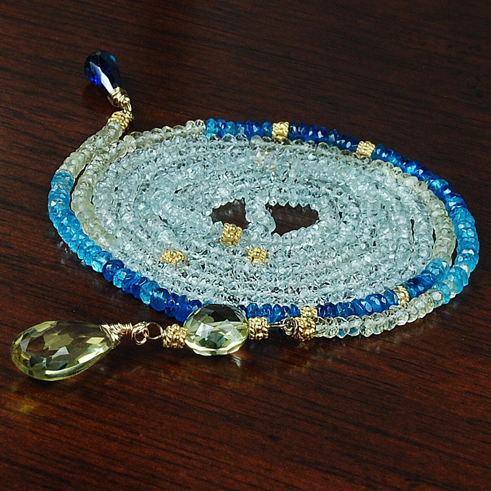 Blue and Yellow Aquamarine & Apatite 43" Long Lariat with Lemon Citrine and Blue Cubic Zirconia