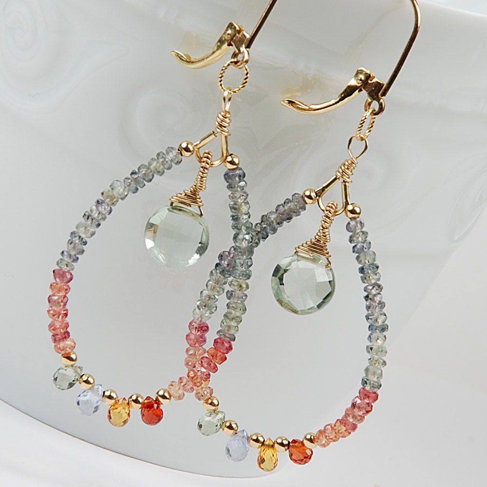 Sapphire & Green Amethyst Teardrop  Dangle Gold Filled Earrings. Gemstone Earrings, Mixed Color Sapphire Dangles