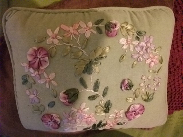 SALE,Small emdroidered cushion, SATIN RIBBON, insert included, traditional, home and living