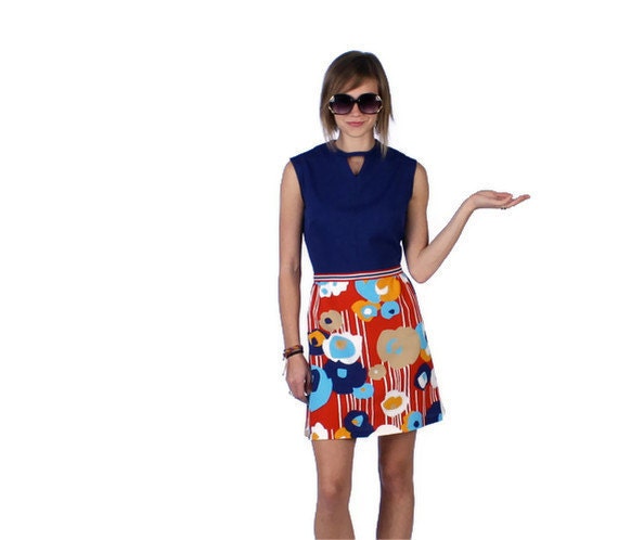 Vintage Mini Dress in Red White and Blue 1970s Womens Medium