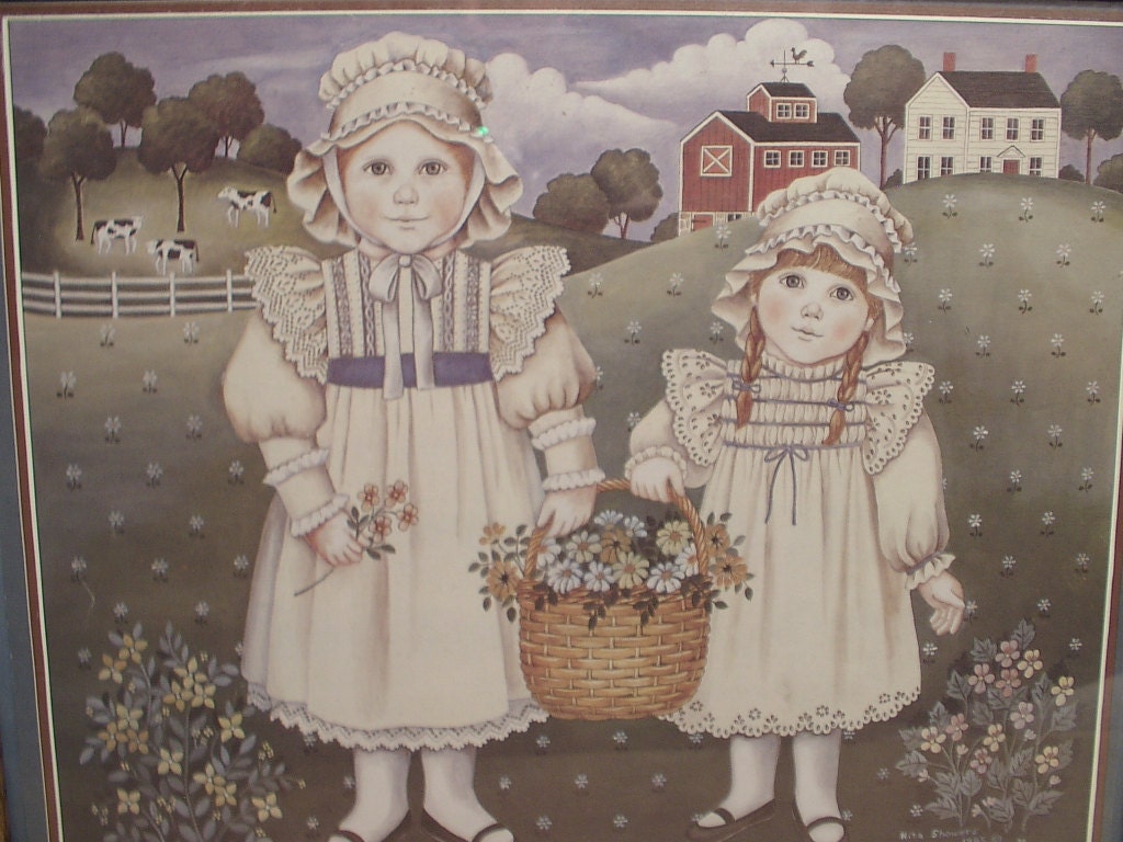 vintage Lithograph, Nita Showers print framed, victorian girls 1985, bedroom decor, country farm art sisters