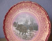 Vintage Schumann Bavaria porcelain plate, wild boars, red and gold plate, hunting cabin decor, Father's day gift,  decorative plate