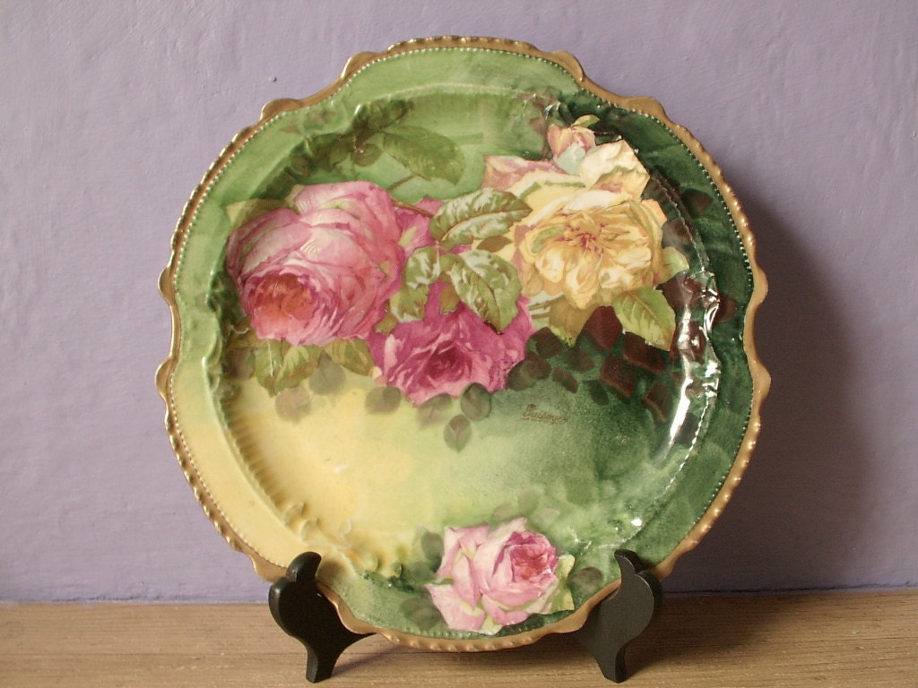 Antique roses plate, vintage LRL Limoges France hand painted charger, green yellow pink roses porcelain china plate