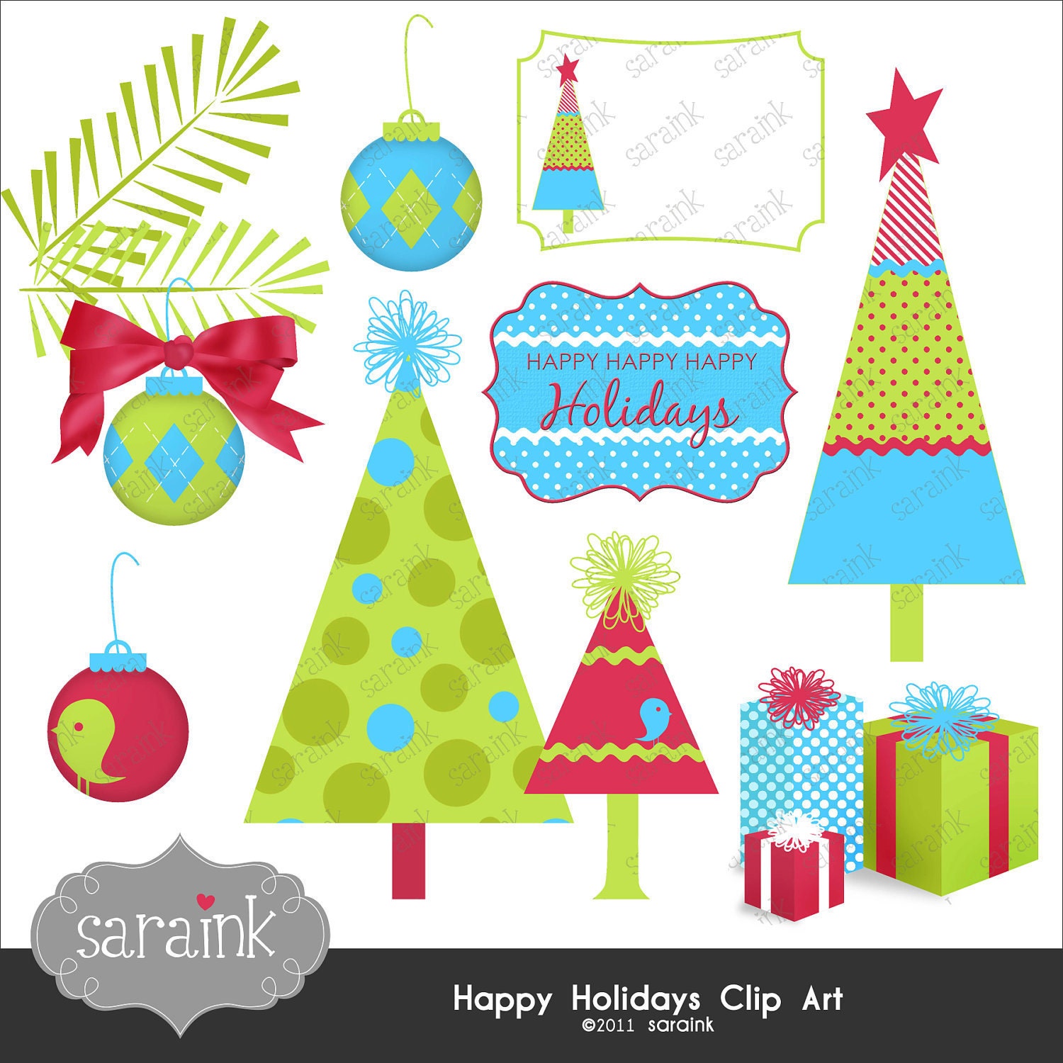 Christmas Clipart Instant Download - Trees, Ornaments & More in cute digital clip art for Personal and Commercial Use