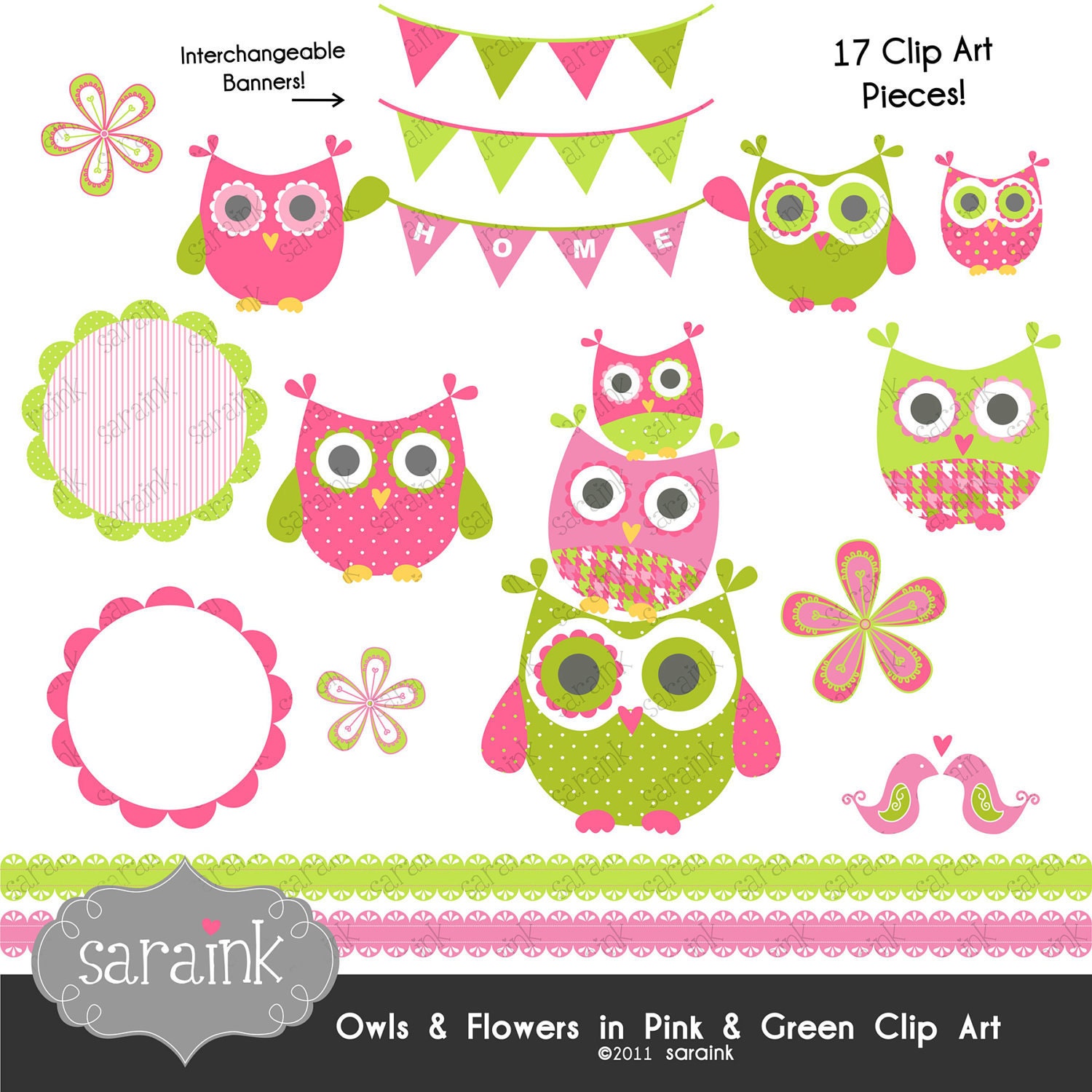 Owl and Flower Clipart Download - Pink & Lime Green - Personal and Commercial Use Digital clip art