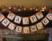 Halloween Banner Happy Halloween in Orange and Black with Spiders  Great Phot Prop Vintage Inspired