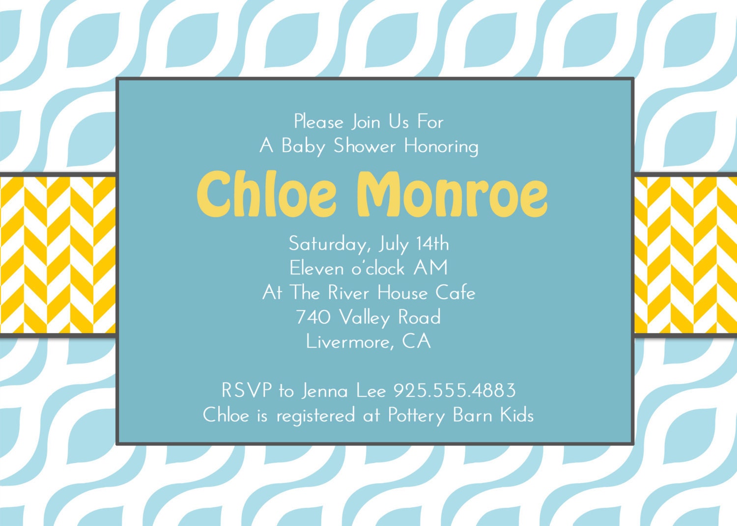 Bridal or Baby Shower Invitation- Aqua Yellow Chevron Printable DIY