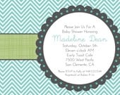 Printable Baby Shower Invitation Boy or Girl, Bridal Shower Invitations, Chevron Aqua Blue Green, Party invitation Grey