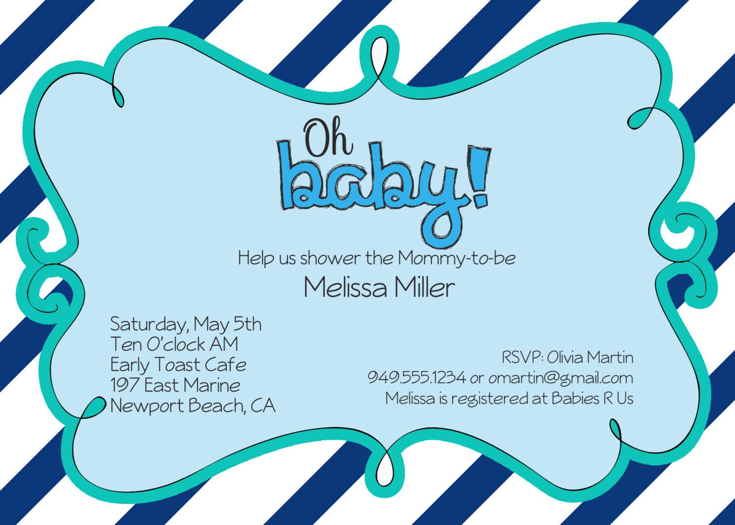 Baby Shower Invitation Baby blue and teal- Navy and White stripe, Oh Baby, Hot pink Black, custom colors Il_170x135