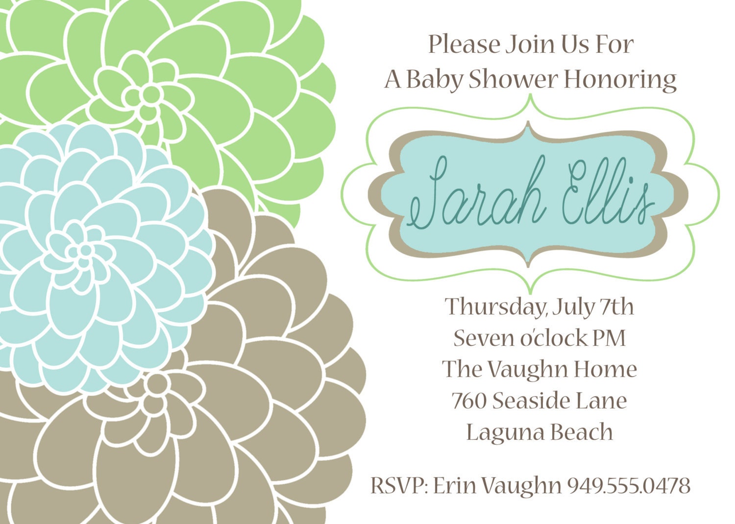 Bridal Shower Invitation or Baby Shower- Navy and coral mums, navy blue, dusty blue, beige